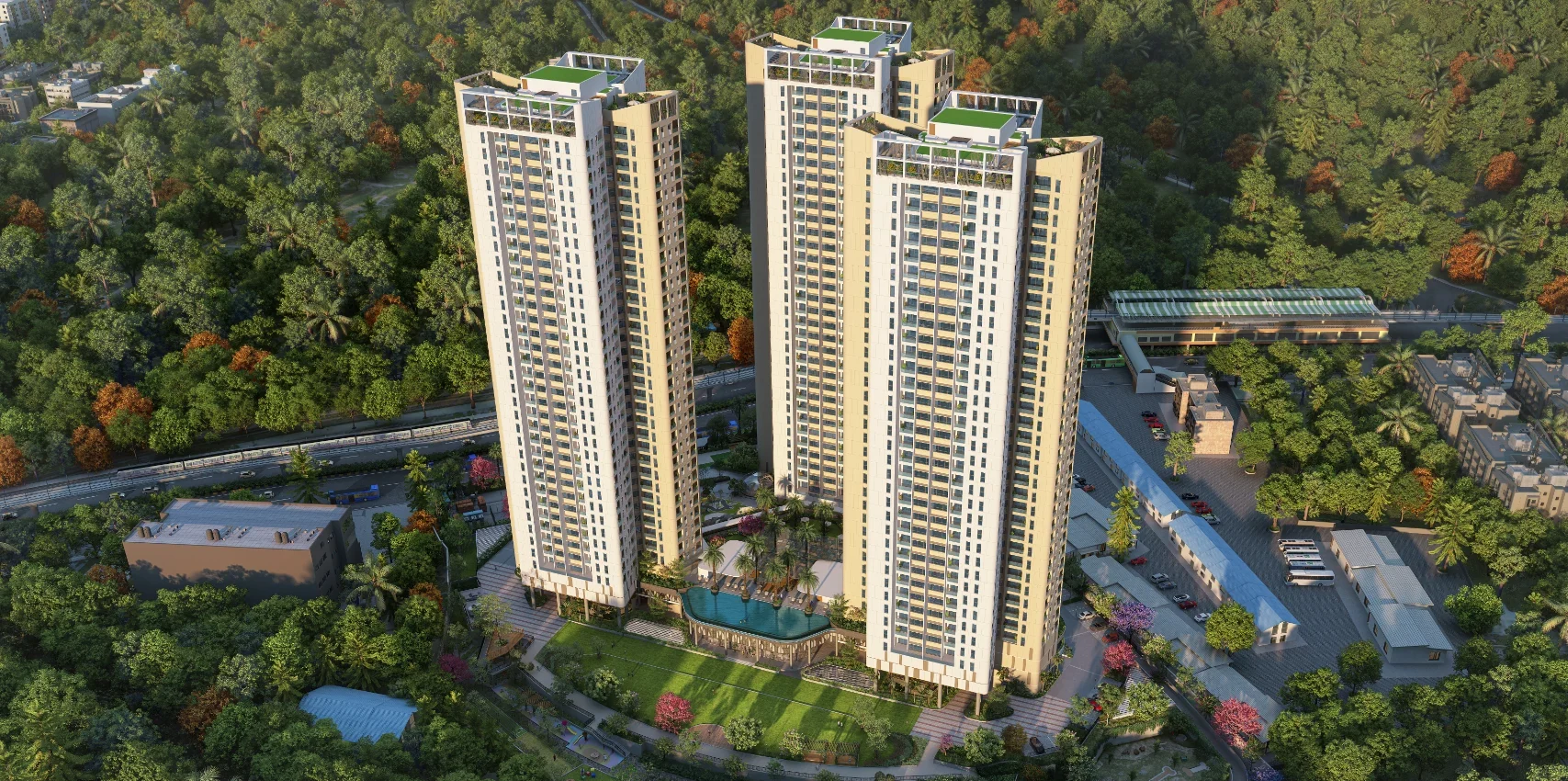 Sattva Aaranya nestled in greenery next to metro